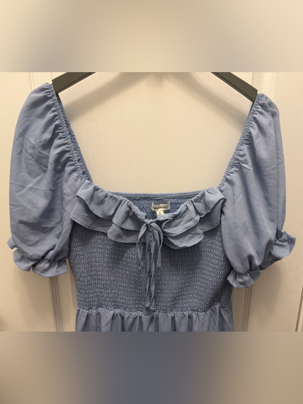 Francesca’s Blue Smocked Puff Sleeve Midi Dress Cottagecore Size Large NWT - Picture 4 of 7